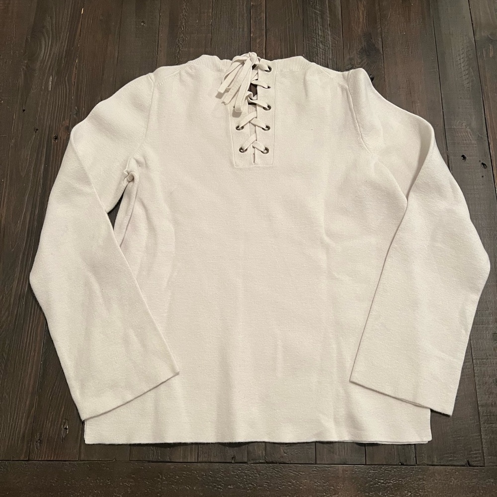 Madewell Women's White Laced Back Cotton Pullover Long Sleeve Sweater